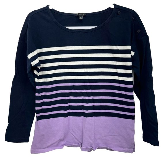 Talbots Tops - Talbots Women's Size Medium Petite Blouse Top  Blue Striped Cotton Round‎ Neck